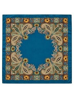 Luxury Paisley Floral Satin Scarf for Women – 35” Square Teal Blue Gold Sage